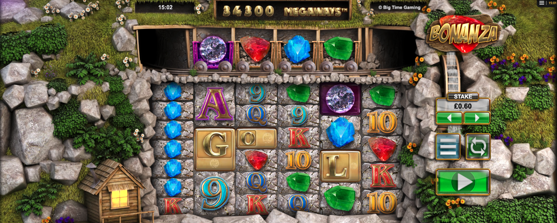 Bonanza Megaways van Big Time Gaming met mijnbouwthema, edelstenen en dynamische rollen.