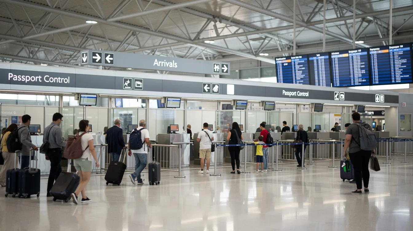 The image shows a bustling airport arrivals hall where travelers are moving through the passport control area, with immigration officers assisting non-EEA nationals as they present their documentation. This scene reflects the process of entering Ireland, which may involve various employment permits for those seeking to work in the country.