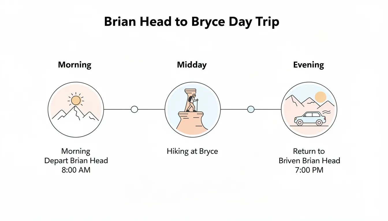 This simple infographic illustrates a day-trip timeline featuring a morning departure from Brian Head, a midday hike at Bryce Canyon National Park, and an evening return, highlighting the journey through Southern Utah's stunning landscapes. Icons represent each phase of the trip, emphasizing the outdoor adventure and spectacular views that await visitors at these popular national parks.