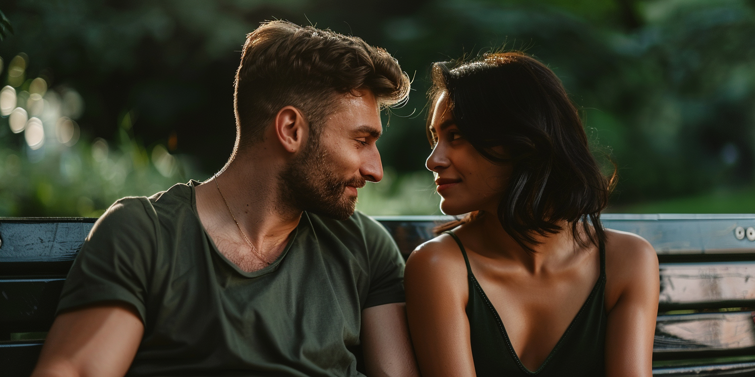 an image of a couple looking at each other and are great at handling conflict