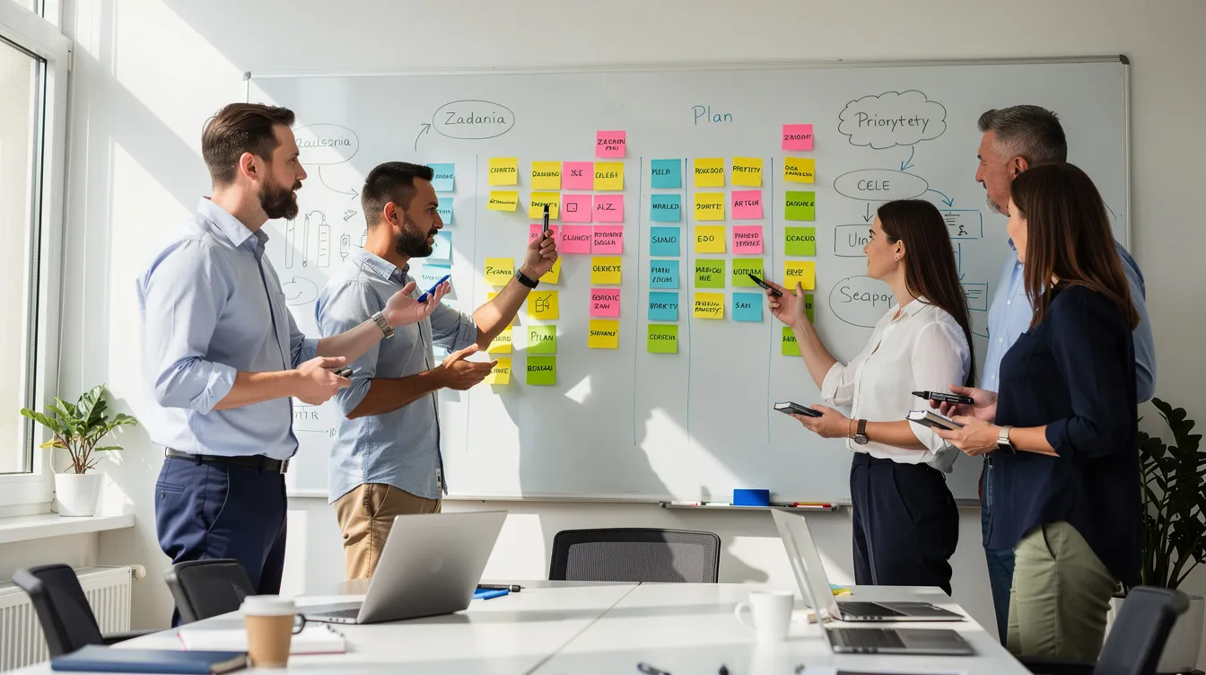 Na zdjęciu zespół pracujący przy tablicy z karteczkami sticky notes podczas etapu planowania projektu. Członkowie zespołu projektowego omawiają cele projektu oraz metodyki zarządzania projektami, aby skutecznie zrealizować zamierzenia w określonym terminie.