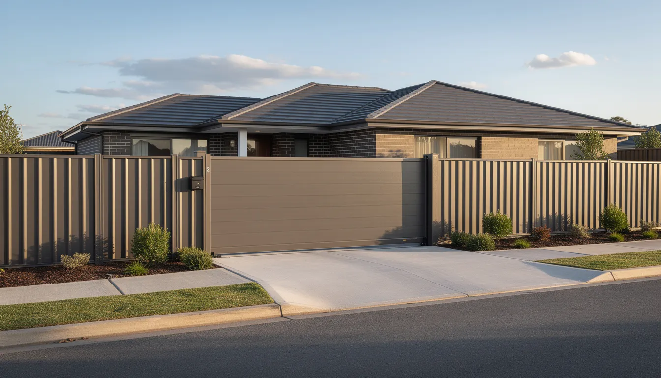 The image shows a completed automatic gate installation on a residential property, featuring a matching Colorbond fence that enhances the street appeal. This setup includes a sliding gate and demonstrates high-quality workmanship, ensuring security and compliance with Australian standards.
