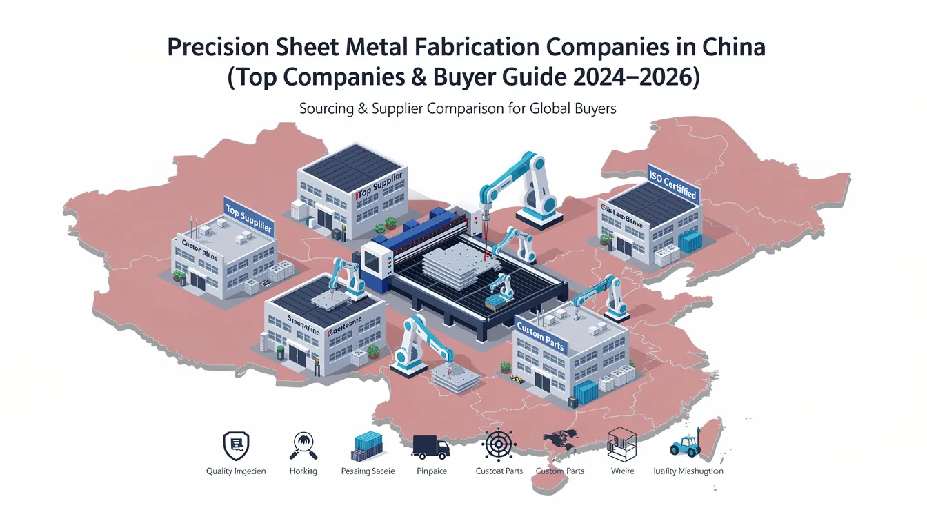 The image features a comprehensive guide to the top precision sheet metal fabrication companies in China, highlighting their capabilities in producing high-quality sheet metal parts through advanced techniques like CNC machining, metal stamping, and laser cutting. It emphasizes the importance of quality control, timely delivery, and customized solutions for various industries, including automotive and consumer electronics.