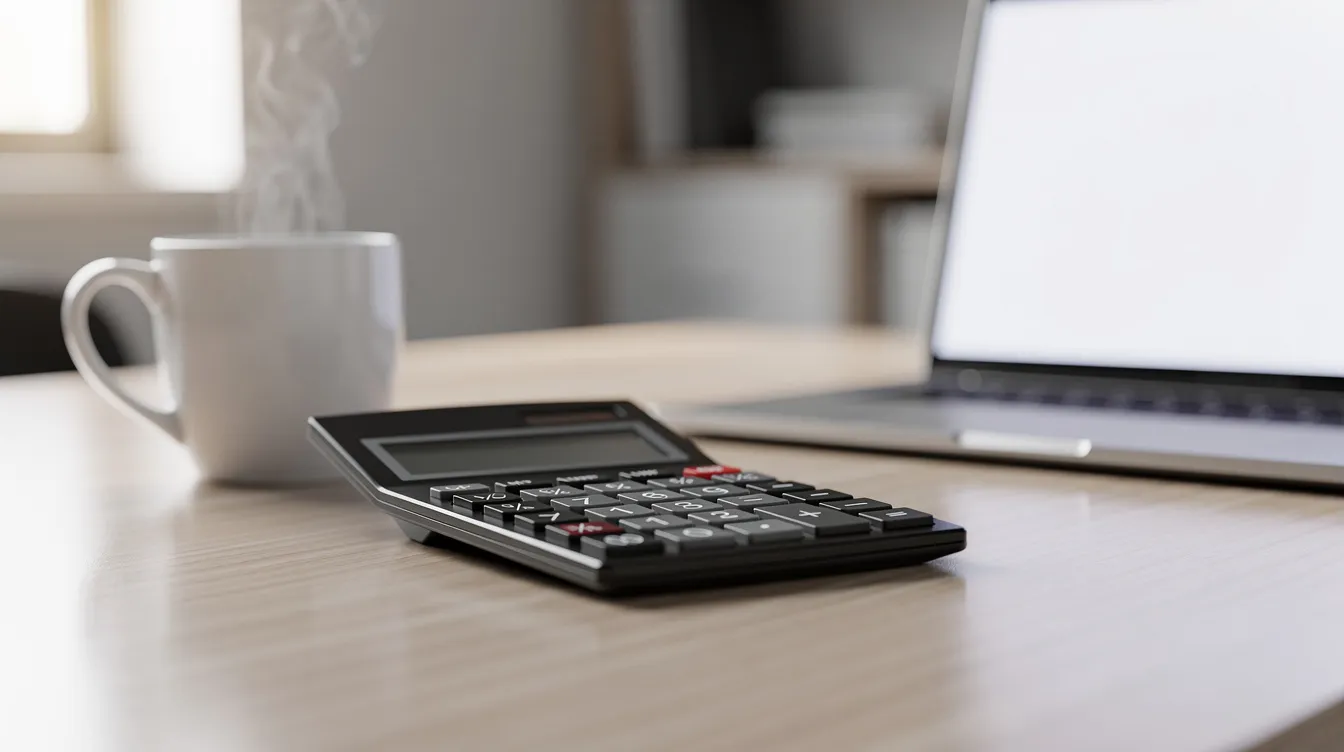 A calculator beside a laptop and coffee mug on a desk