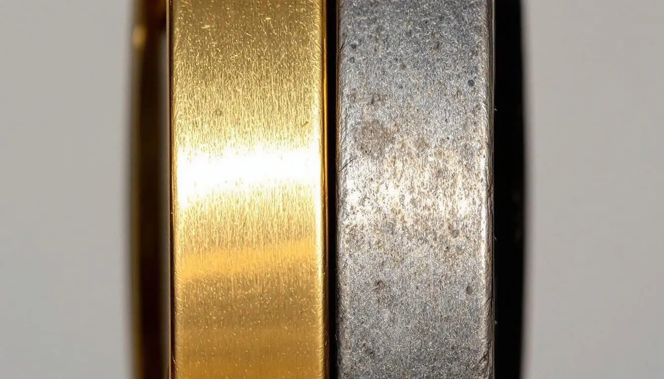 This image showcases a comparison of gold plating options, highlighting various types of jewelry such as engagement rings and gold filled pieces. It illustrates the differences in gold content, including a thin layer of gold over base metals like sterling silver and brass, emphasizing the aesthetic appeal and considerations for those with sensitive skin.