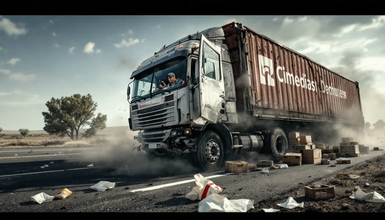 The image illustrates various common causes of truck accidents, highlighting factors such as negligent truck drivers and mechanical failures. This visual representation serves to inform viewers about the complexities of truck accident cases and the potential consequences for accident victims.