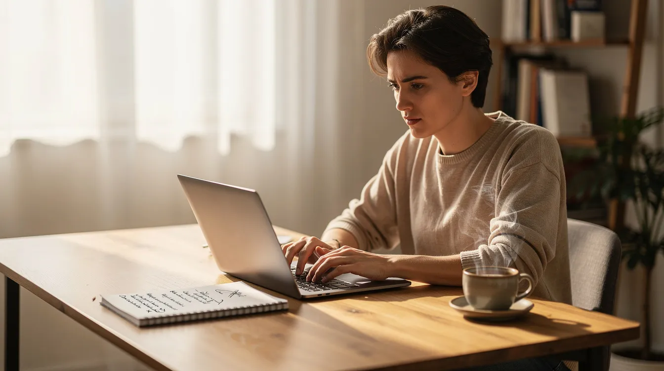 A focused individual is typing at a laptop, surrounded by a notepad and a cup of coffee, engaged in their work, possibly related to advanced nursing practice or preparing a DNP admission essay. The scene reflects a commitment to nursing research and the pursuit of professional goals within the nursing profession.