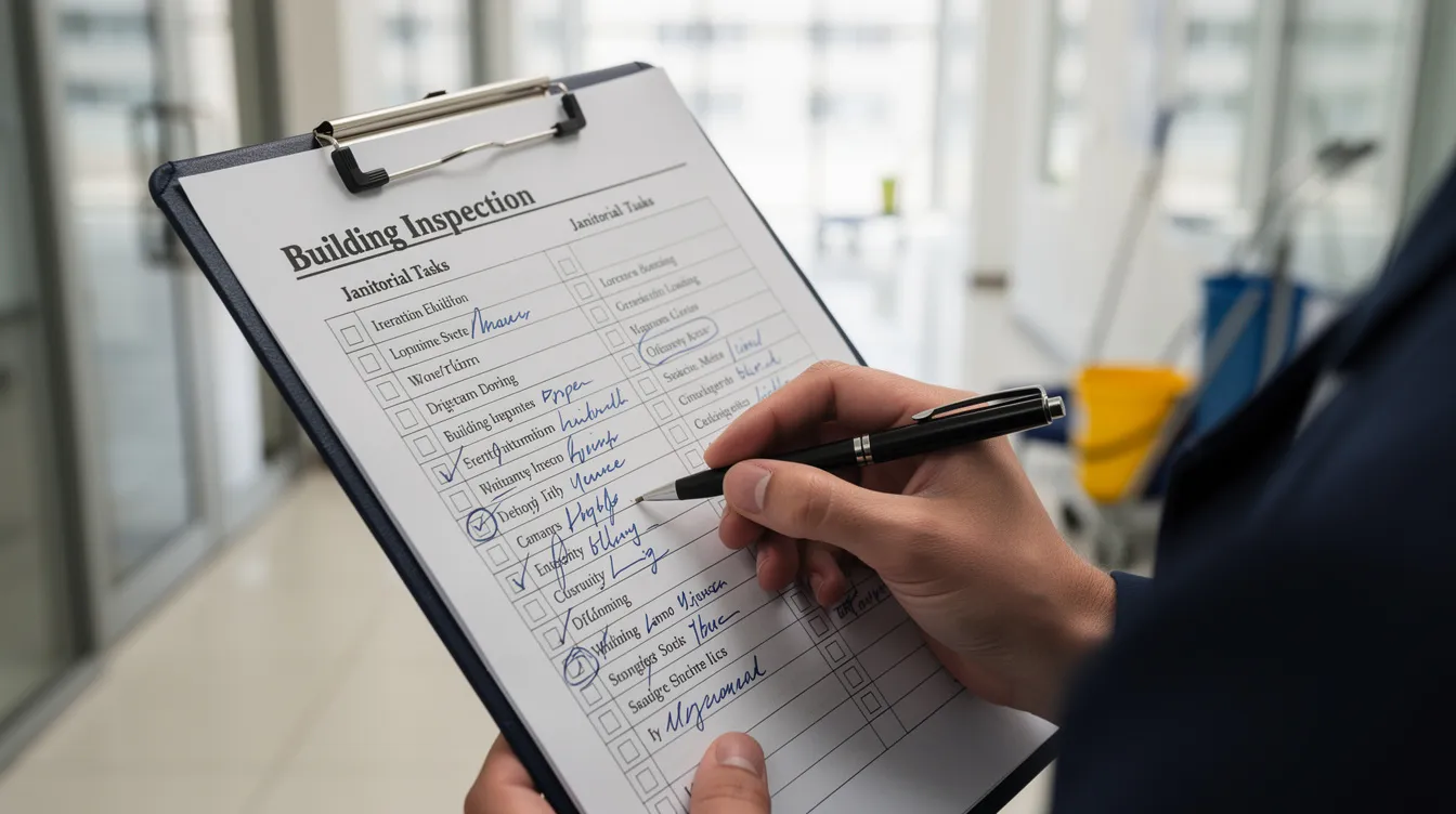 The image shows a clipboard being marked up with notes for an inspection of a commercial building, highlighting various janitorial tasks and cleaning needs. This scene emphasizes the importance of cleaning services in maintaining clean and safe commercial spaces.