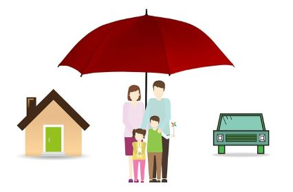 family with umbrella, car, house