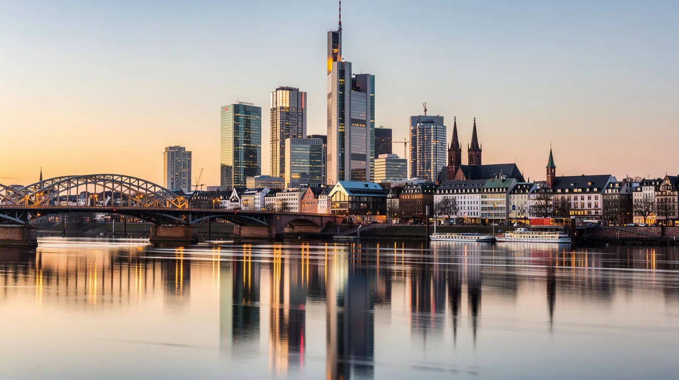 A imagem retrata a cidade de Frankfurt, na Alemanha, destacando sua vida noturna vibrante e os centros culturais que atraem visitantes. O cenário urbano é marcado por arquitetura moderna e pontos turísticos que refletem a rica história e cultura da cidade.