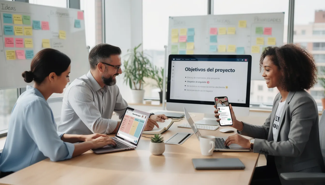 Un equipo de trabajo colabora en una oficina moderna, utilizando herramientas digitales y de inteligencia artificial para gestionar tareas y optimizar su flujo de trabajo. Los empleados interactúan a través de pantallas y dispositivos, mejorando la productividad en sus reuniones y procesos de gestión de proyectos.