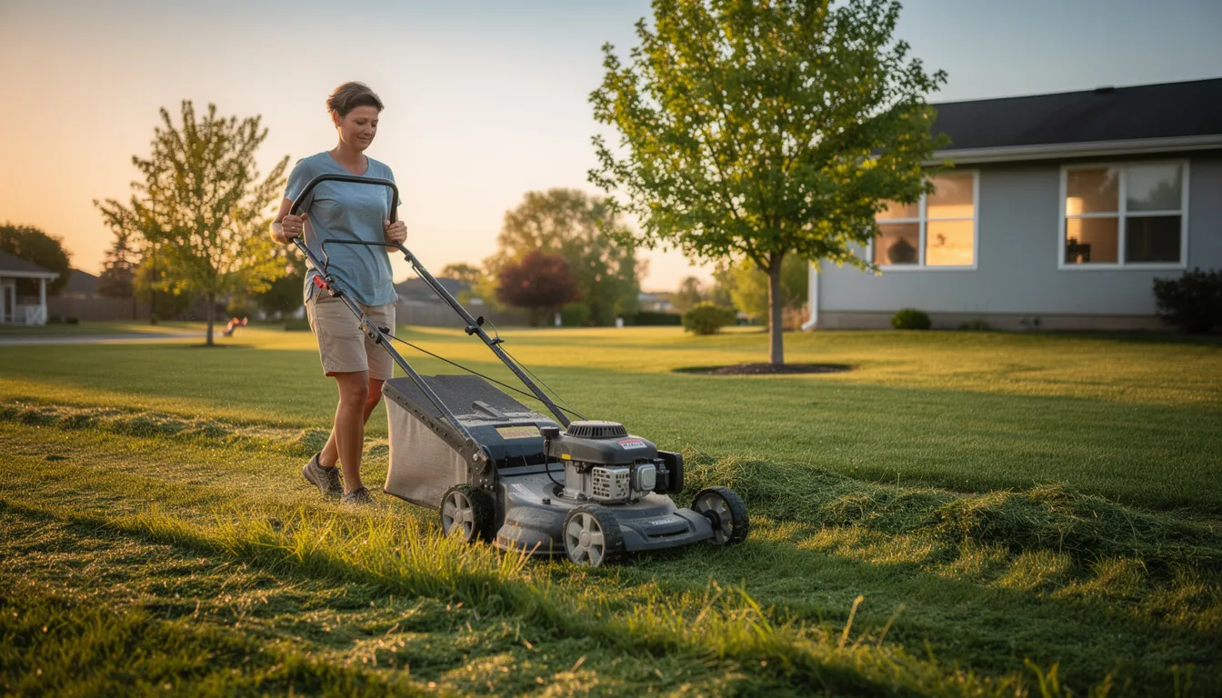 A person is mowing a lush, green lawn in the warm light of early evening during summer, showcasing the beauty of a well-maintained outdoor space. The scene captures the essence of lawn care, highlighting the importance of regular mowing for a healthy lawn free from weeds and bare patches.