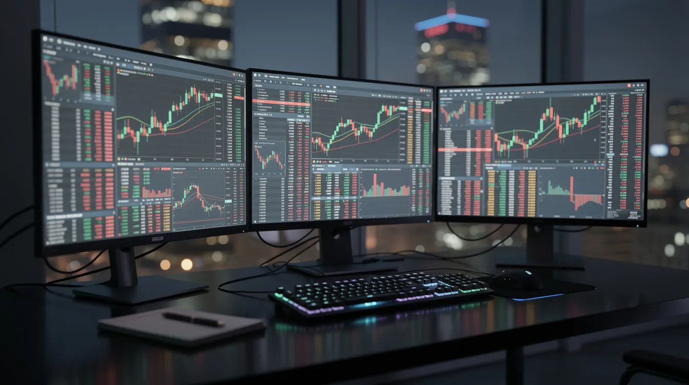 The image shows multiple computer monitors filled with cryptocurrency trading charts and price data, illustrating the use of trading bots and automated trading strategies in real-time market analysis. These screens display various trading signals and market conditions, highlighting the dynamic nature of crypto trading and the effectiveness of AI-powered trading tools.