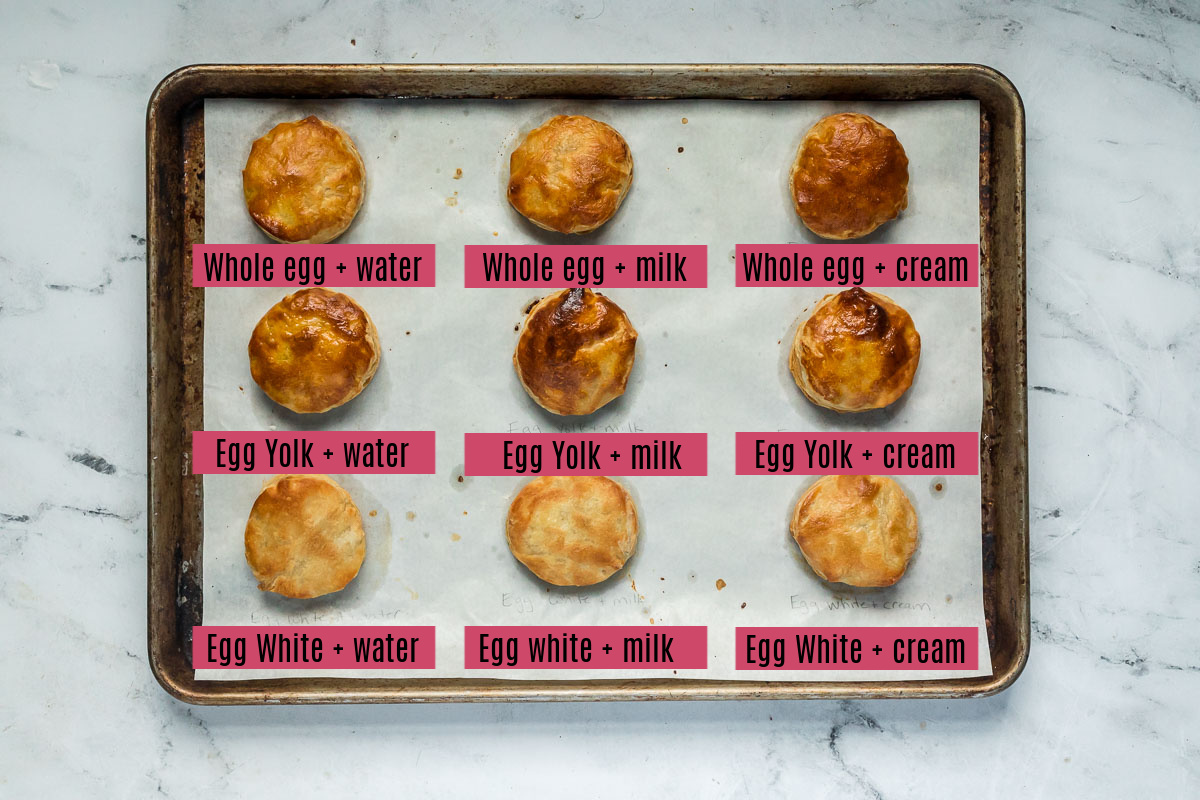 puff pastry rounds brushed with different types of egg wash