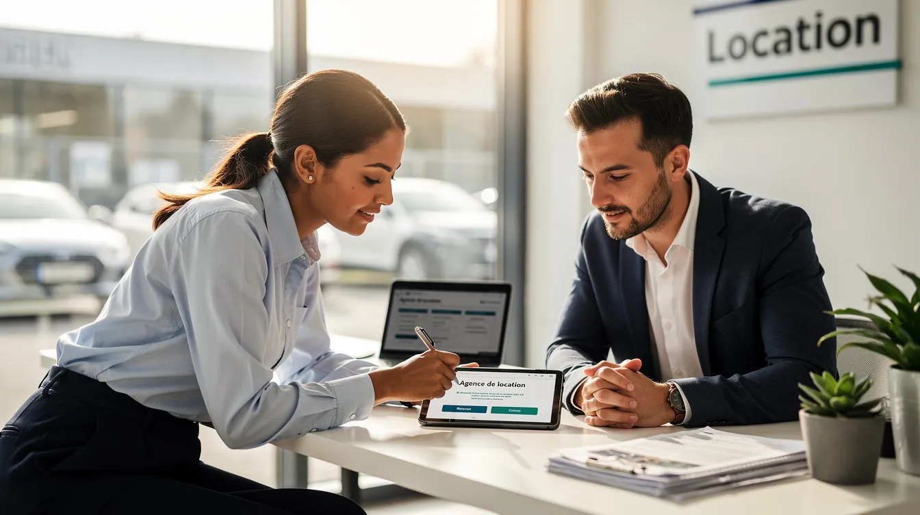 L'image montre une équipe de deux personnes collaborant sur une tablette dans une agence de location, utilisant un logiciel de gestion locative pour optimiser la gestion immobilière et le suivi des loyers. Ils semblent concentrés sur l'interface de l'application, discutant des fonctionnalités pour améliorer le service aux propriétaires bailleurs et aux locataires.