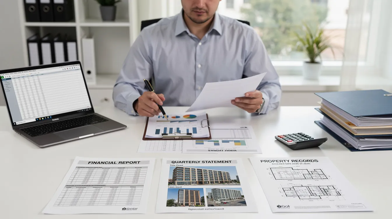 A person is seated at a desk, carefully reviewing a stack of financial documents and property records related to investment properties. The scene suggests a focus on home equity lines and mortgage payments, highlighting the importance of understanding equity and financial planning for real estate investing.