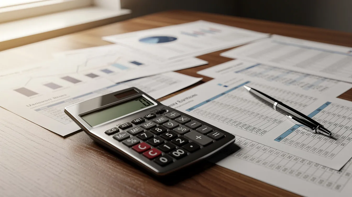 The image shows a calculator alongside various financial documents on a wooden desk, symbolizing effective tax planning and financial strategies. These tools are essential for taxpayers looking to minimize tax liabilities and prepare for their financial goals.