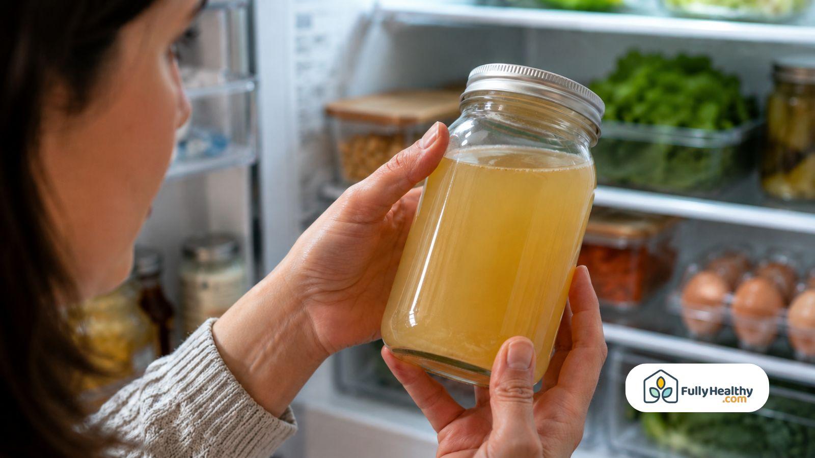 Person inspecting a jar of refrigerated homemade chicken broth in front of an open refrigerator.