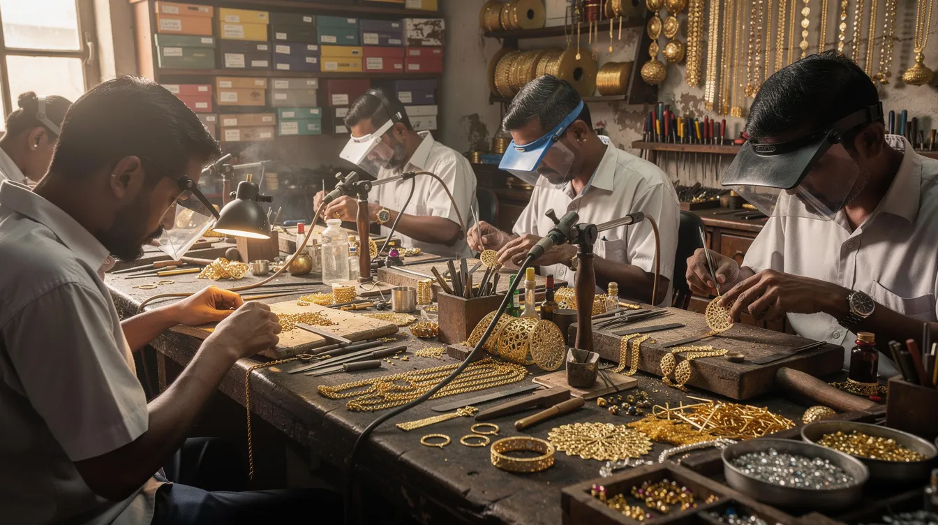 2c270bad ef37 45ad beac 674ae9f5edd0 The image depicts a vibrant gold jewellery crafting workshop where skilled artisans are diligently working at their benches, surrounded by tools and various gold pieces. This setting highlights the intricate craftsmanship involved in the gold jewellery industry, showcasing the potential for sustainable growth in the gold business.