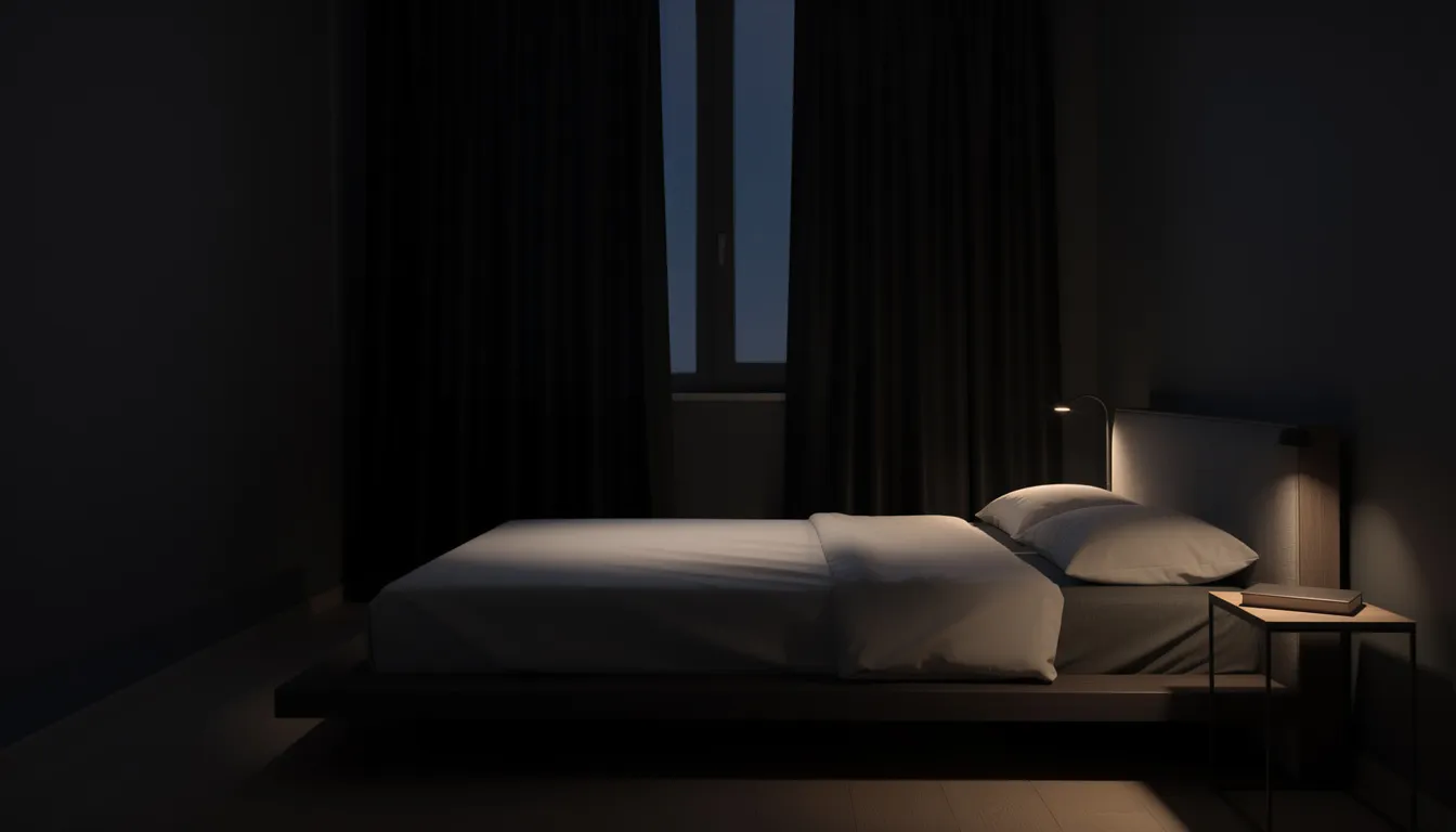 The image depicts a peaceful dark bedroom with minimal furnishings and blackout curtains, creating an ideal environment for restful sleep. This serene setting promotes better sleep quality, helping individuals with sleep disorders like chronic insomnia to fall asleep faster and improve their overall sleep hygiene.