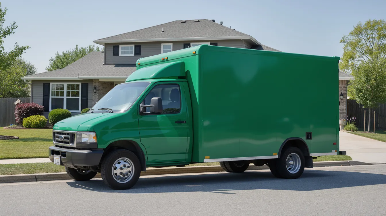 A green plumbing truck is parked outside a home, showcasing its readiness for various plumbing tasks such as installation and repair of common plumbing fixtures. The truck, which has no visible branding, represents a local plumbing contractor prepared to handle plumbing emergencies and maintenance needs.