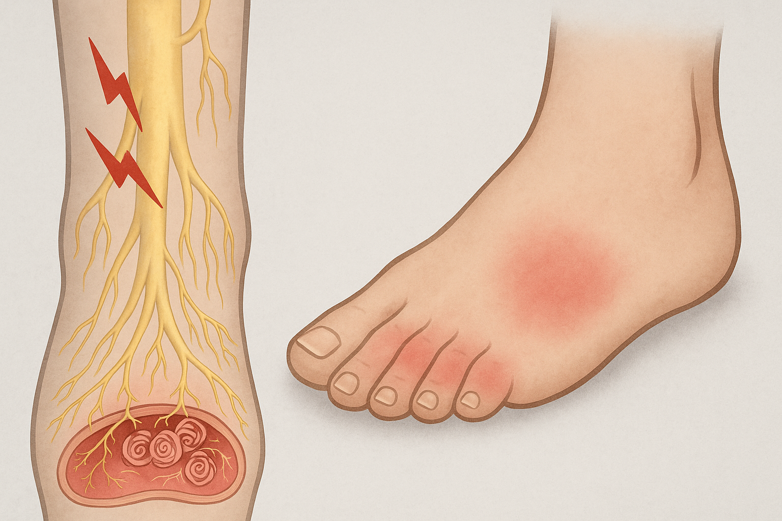 Illustrasjon av smertefulle nerver og rødhet i foten ved diabetisk nevropati.