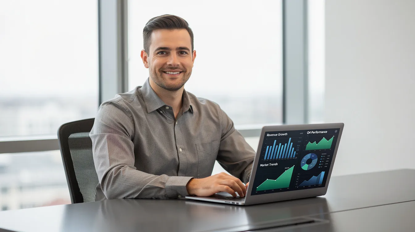 The image shows a professional appearing relaxed while working on a laptop, with charts and graphs related to key performance indicators visible on the screen, suggesting the use of real-time data for impactful presentations. This setting highlights the integration of complex data into user-friendly dashboards, essential for project managers and stakeholders to analyze trends and insights effectively.