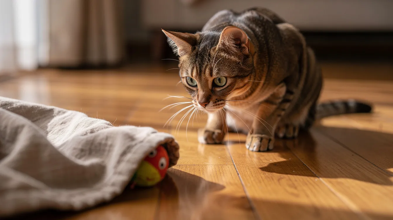 A focused tabby cat is in a low crouch, with its ears perked forward, intently watching a small toy that is partially concealed under a fabric cover on a hardwood floor. This scene captures the cat's natural hunting behaviors as it prepares to pounce, showcasing the engaging nature of interactive cat toys that keep cats entertained and mentally stimulated.