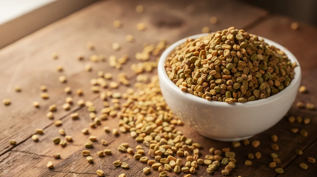 The image shows a scattering of golden-brown fenugreek seeds on a wooden surface, accompanied by a small ceramic bowl. Fenugreek is often recognized for its potential benefits as a natural testosterone booster, supporting healthy hormone levels and promoting muscle growth in a healthy lifestyle.