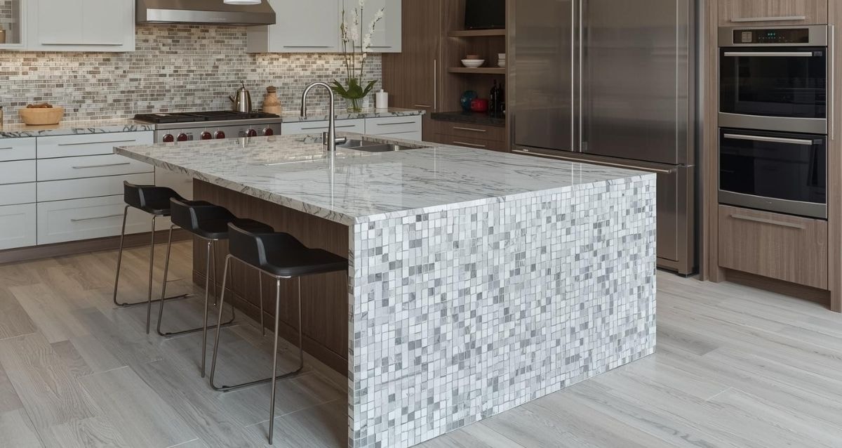 Modern over hanging kitchen island with mosaic tiles and a marble counter top