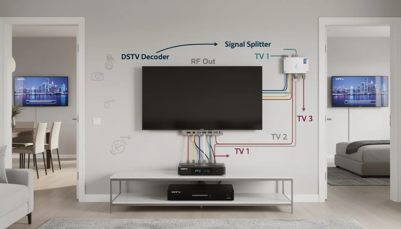 The image depicts a professional installation of a DSTV multiple TV connection setup, featuring a satellite dish, DSTV decoder, and smart LNB, allowing viewers to watch different channels on multiple TVs in various rooms. Cables and ports are neatly organized, showcasing the expert service and fine-tuning needed to ensure optimal signal quality and picture quality across all devices.