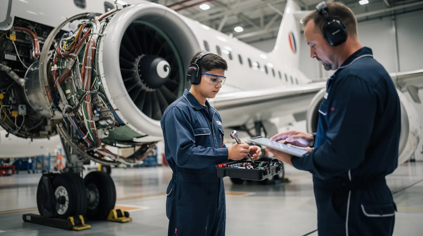 An aircraft mechanic apprentice is working diligently near an aircraft engine, using various tools to perform maintenance tasks. This hands-on experience is part of their aviation maintenance apprenticeship program, where they gain essential skills and knowledge required for a career in aircraft maintenance.