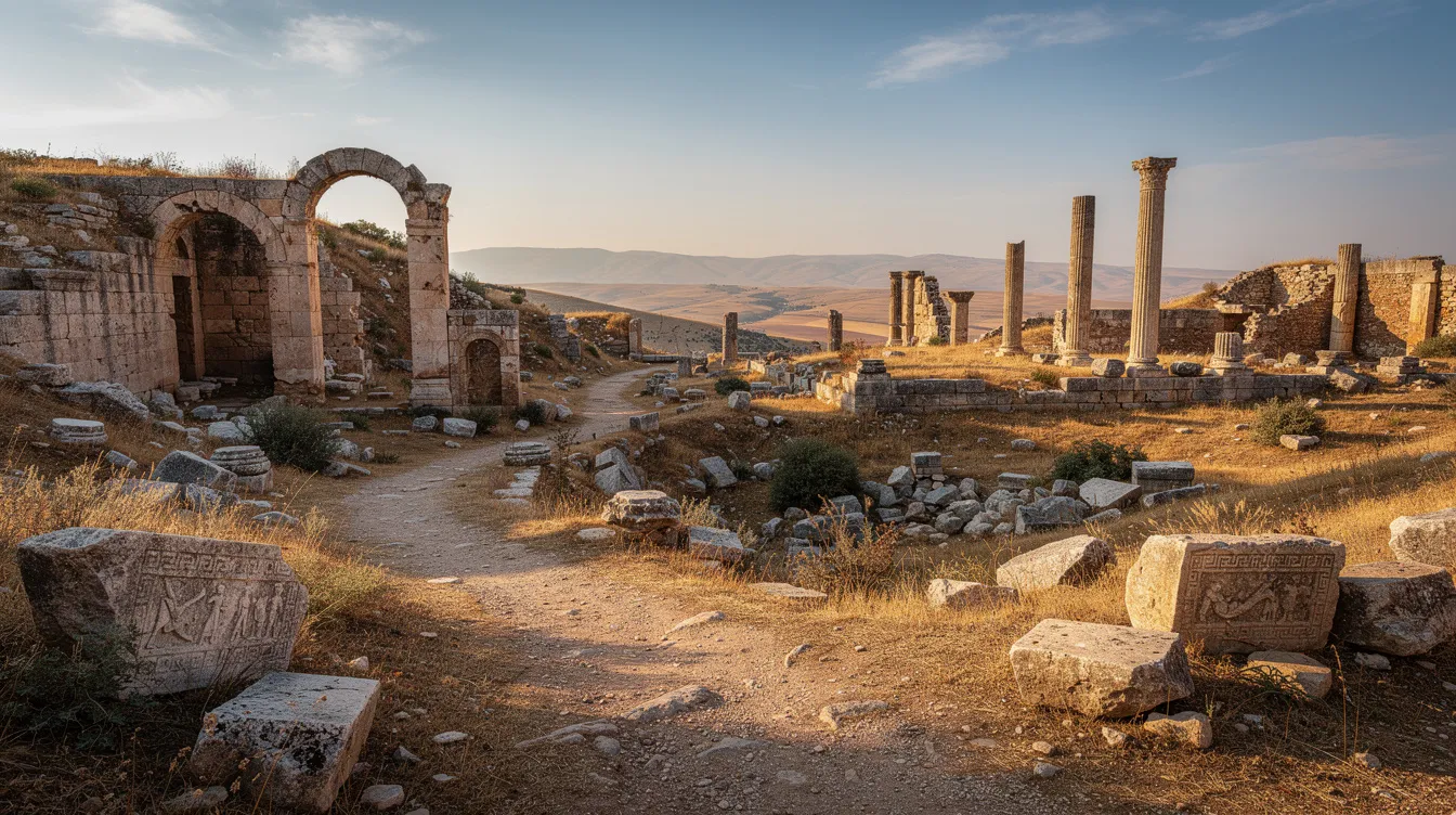 The image depicts ancient stone ruins set against a dry, hilly landscape that evokes the remnants of Roman-era Asia Minor. These historical structures symbolize the enduring legacy of God's chosen people, reflecting the spiritual sacrifices and the royal priesthood a holy nation described in the scriptures.