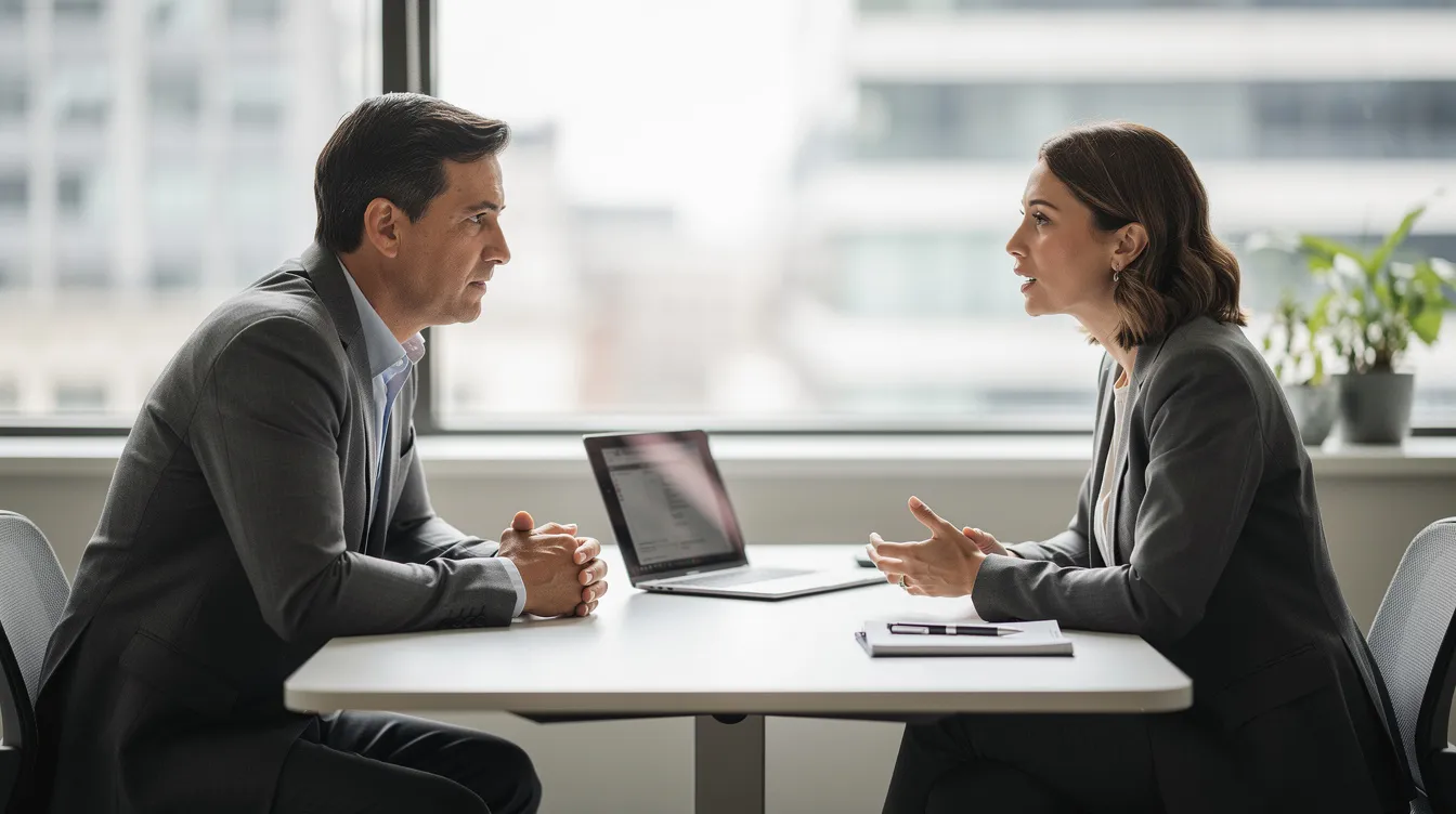 Deux professionnels sont assis face à face dans un bureau calme, engagés dans une discussion attentive, favorisant la confiance en soi et le développement personnel. Cette atmosphère de concentration et d'écoute reflète l'importance de faire appel à un coach professionnel pour surmonter les blocages et atteindre ses objectifs au travail.