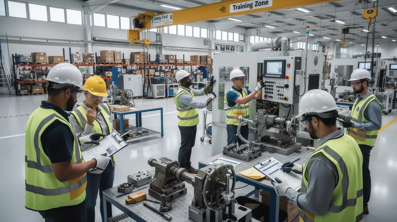 A busy manufacturing facility where workers are actively engaged in hands-on technical training as part of a registered apprenticeship program.