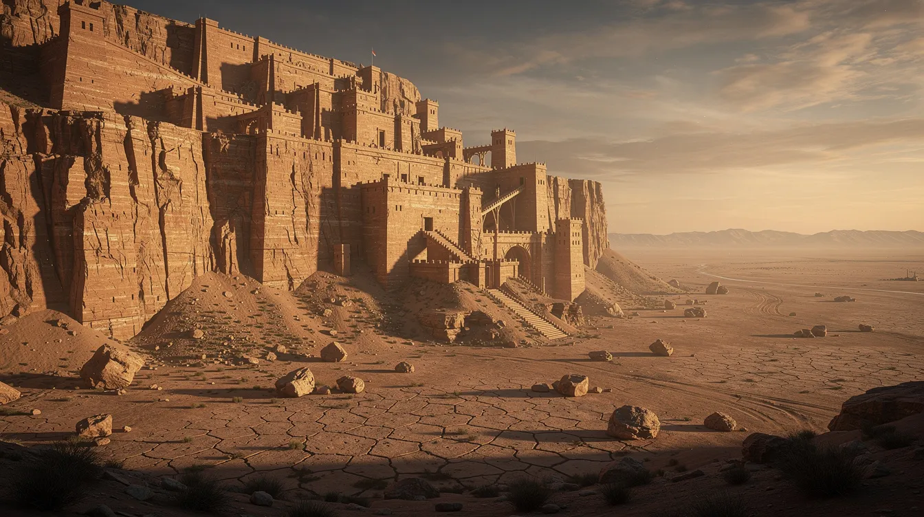 The image depicts a dramatic desert cliff fortress standing tall over a barren landscape, with distant mountains visible in the background, evoking the historical significance of the zealot movement during the Roman occupation of Judea. This fortress symbolizes the resilience of the Jewish people amid the tumultuous events of the Great Jewish Revolt against the Roman Empire.