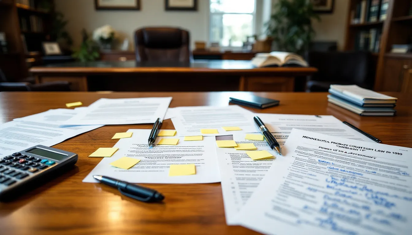 An informative overview of the Minnesota probate process is depicted, featuring various legal documents in the background. The image highlights the role of the personal representative, the probate court, and the complexities of asset distribution in accordance with Minnesota law.