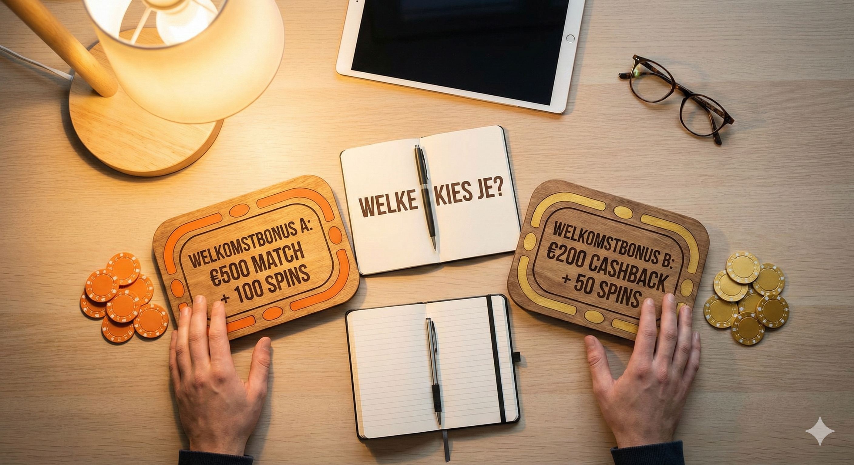 Vergelijking van casino welkomstbonussen met keuze tussen €500 match bonus met 100 free spins en €200 cashback bonus met 50 free spins, weergegeven met fiches en notitieboek op tafel.