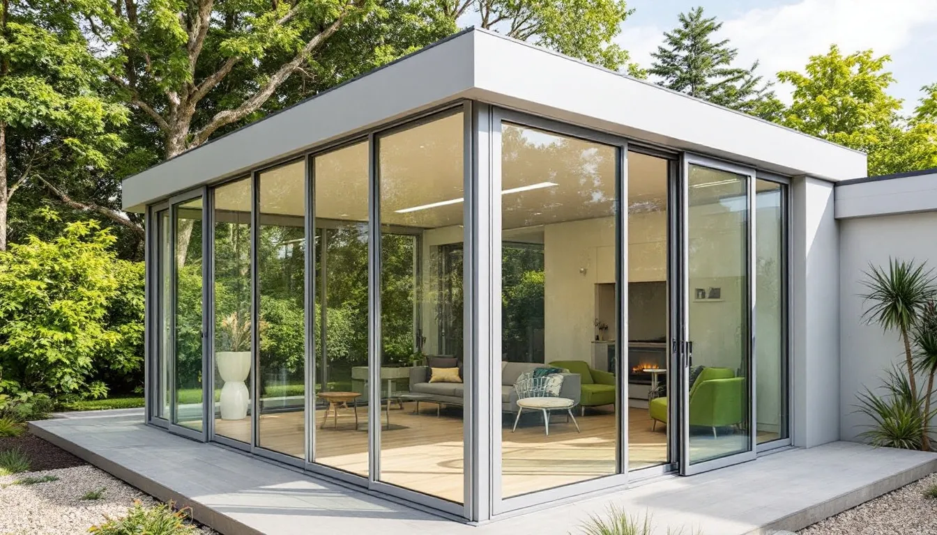 Un solarium moderne de 3 saisons avec une structure en aluminium et de grandes fenêtres, offrant une vue lumineuse sur l'extérieur et un espace confortable pour profiter du soleil tout en étant protégé des intempéries. Ce type de véranda est idéal pour agrandir votre maison et maximiser la lumière naturelle.