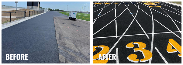 Running track surface before resurfacing and after installation of new synthetic track layer with markings.