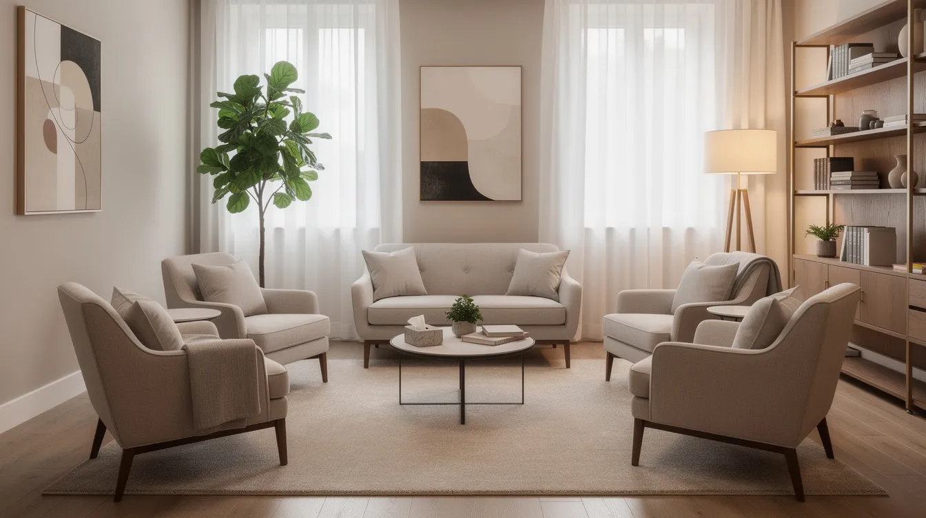 The image depicts a serene, modern therapy office featuring comfortable chairs arranged in a circle, creating an inviting space for family therapy sessions. This layout is designed to foster open communication among family members, helping to strengthen relationships and address family dynamics.