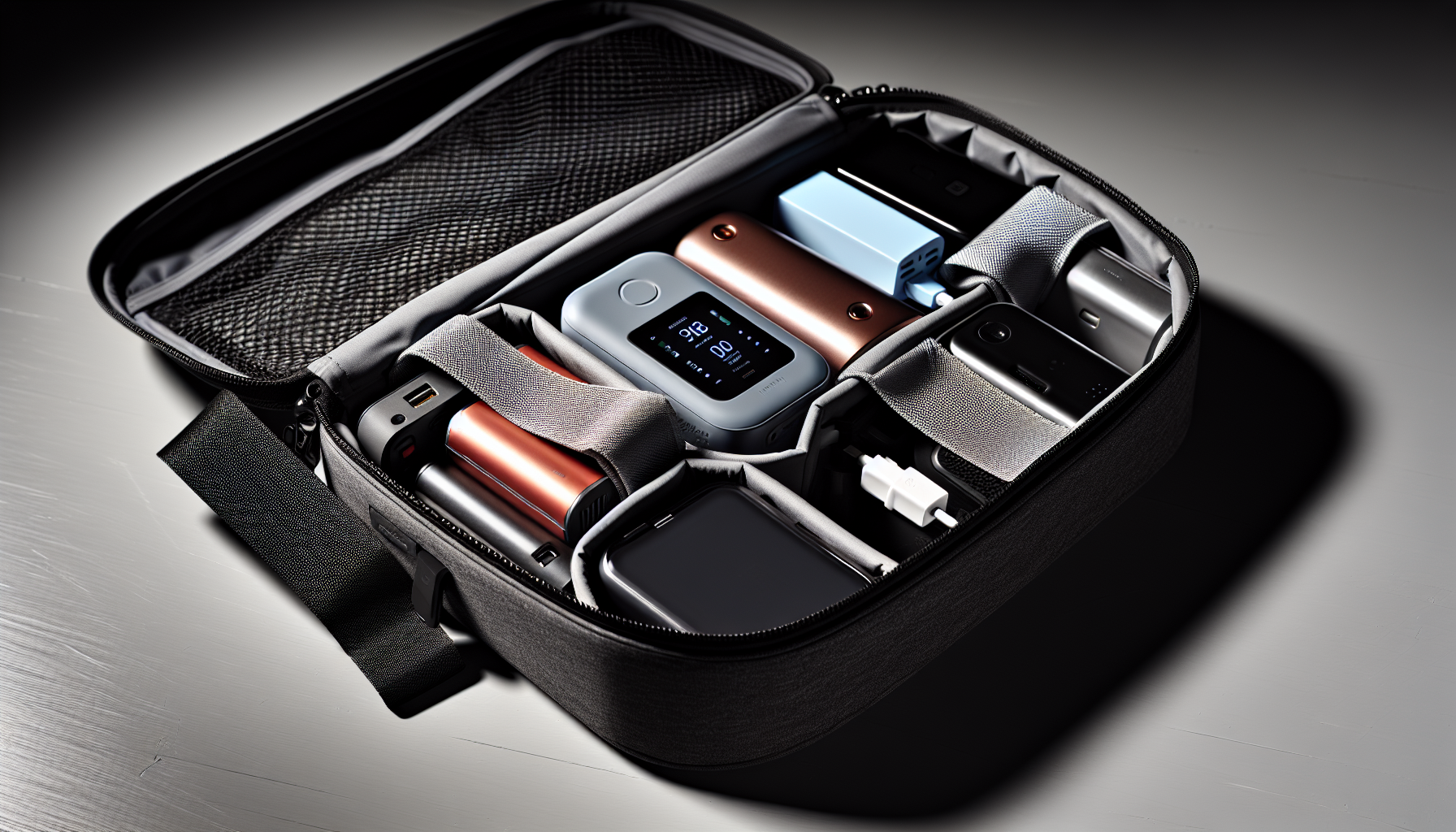Various portable chargers neatly organized in a carry-on bag