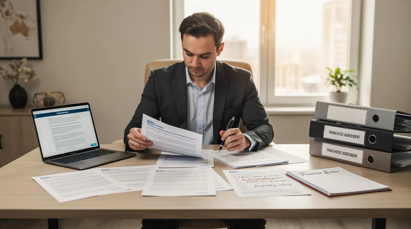 A person is sitting at a desk, reviewing franchise documents with a laptop and notepad, indicating their exploration of franchise opportunities. This scene highlights the importance of understanding the franchise disclosure document and the journey toward successful franchise ownership.