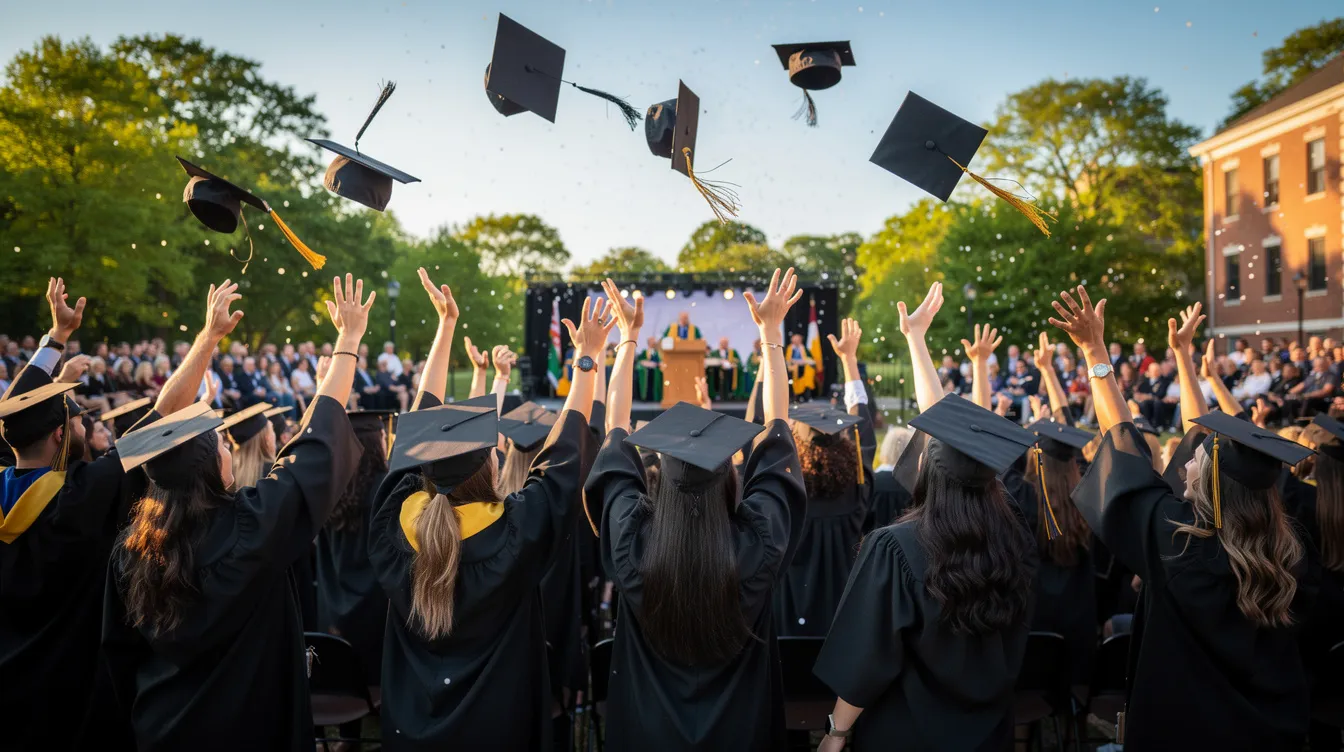A group of graduates joyfully toss their graduation caps into the air during an outdoor ceremony, celebrating their achievements and the completion of their educational journey. This moment symbolizes the transition to new opportunities, highlighting the importance of legitimate education and the potential consequences of relying on fake diplomas or fraudulent credentials in the job market.