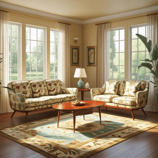 Cozy living room with floral patterned sofas, a wooden coffee table, and natural light streaming through large windows, creating a warm atmosphere.