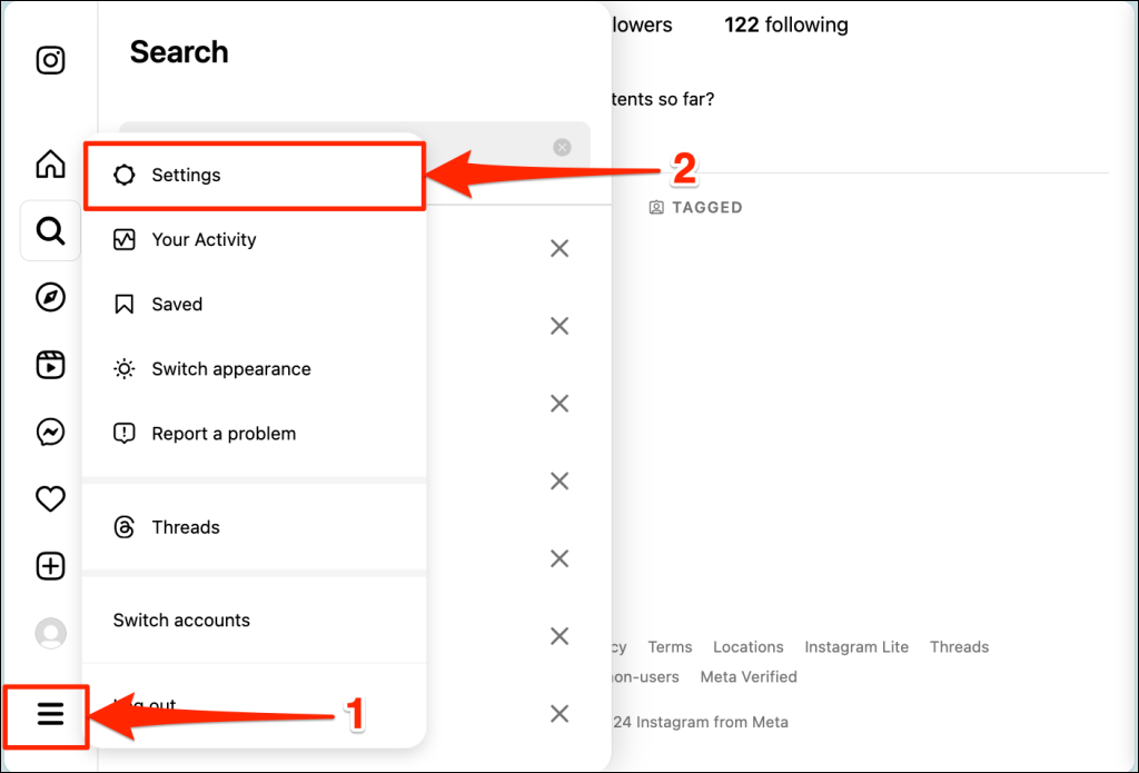 Instagram Settings option and Menu icon highlighted 