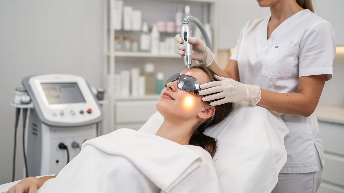 A patient is receiving a gentle laser skin tightening treatment in a clean clinic room, with a focus on improving skin firmness and texture. The procedure utilizes laser energy to stimulate collagen production, aiming for a more youthful appearance and smoother skin.