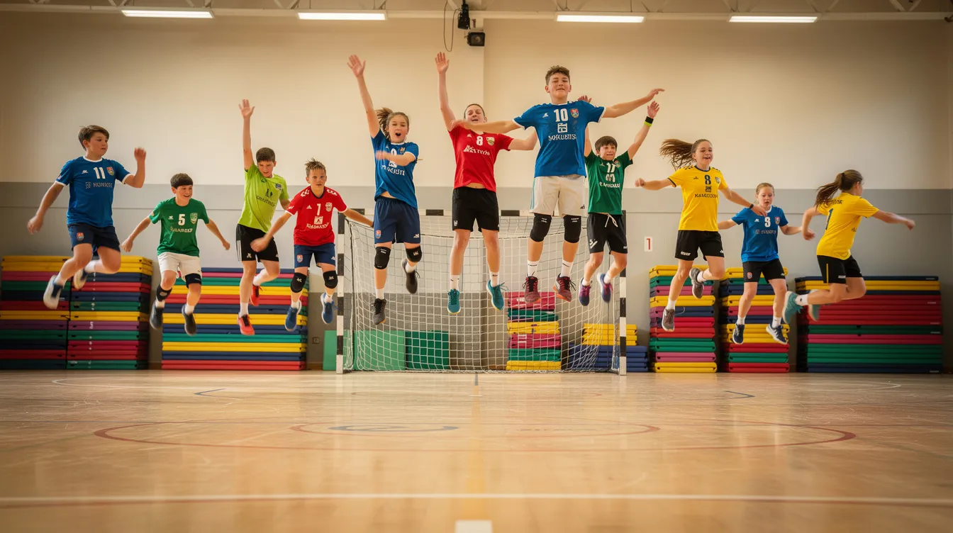 Ein junger Handballspieler führt Sprungübungen an der Torraumlinie in einer Halle durch, um seine Sprungkraft zu verbessern. Die Umgebung ist mit Matten und Handballtoren ausgestattet, die für das Training des Handballspiels wichtig sind.