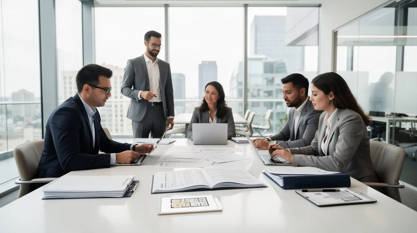 A modern office space features property management professionals, including two friends, diligently reviewing rental documents at a sleek conference table. This setting highlights the collaborative environment typical of a property management company, where team members focus on enhancing their services for property owners and investors.