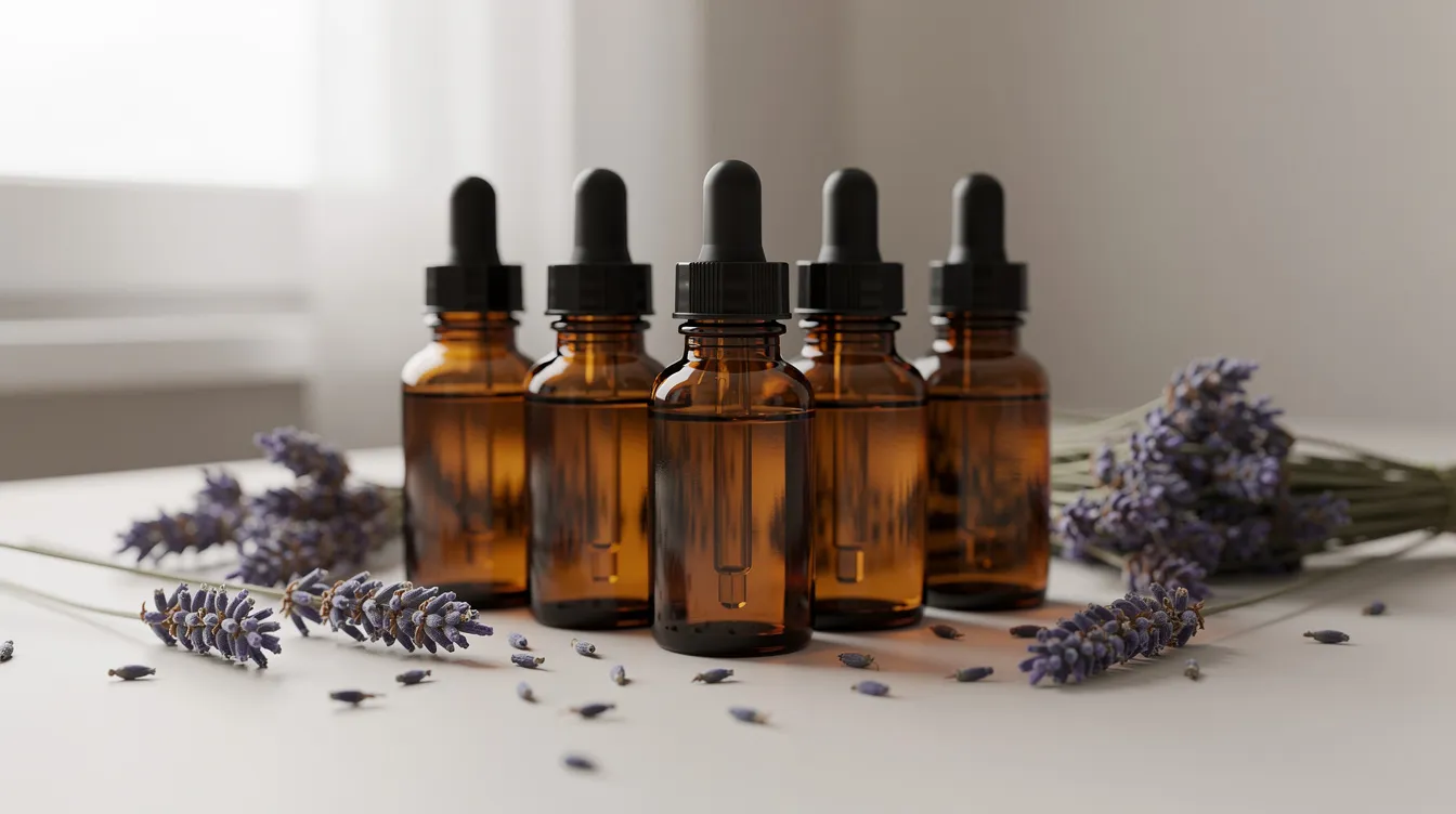 The image features amber glass bottles filled with lavender essential oil, each equipped with a dropper, arranged artistically among dried lavender sprigs. This setup highlights the soothing scent and numerous benefits of lavender oil for skin, including its potential in wound healing and reducing inflammation.